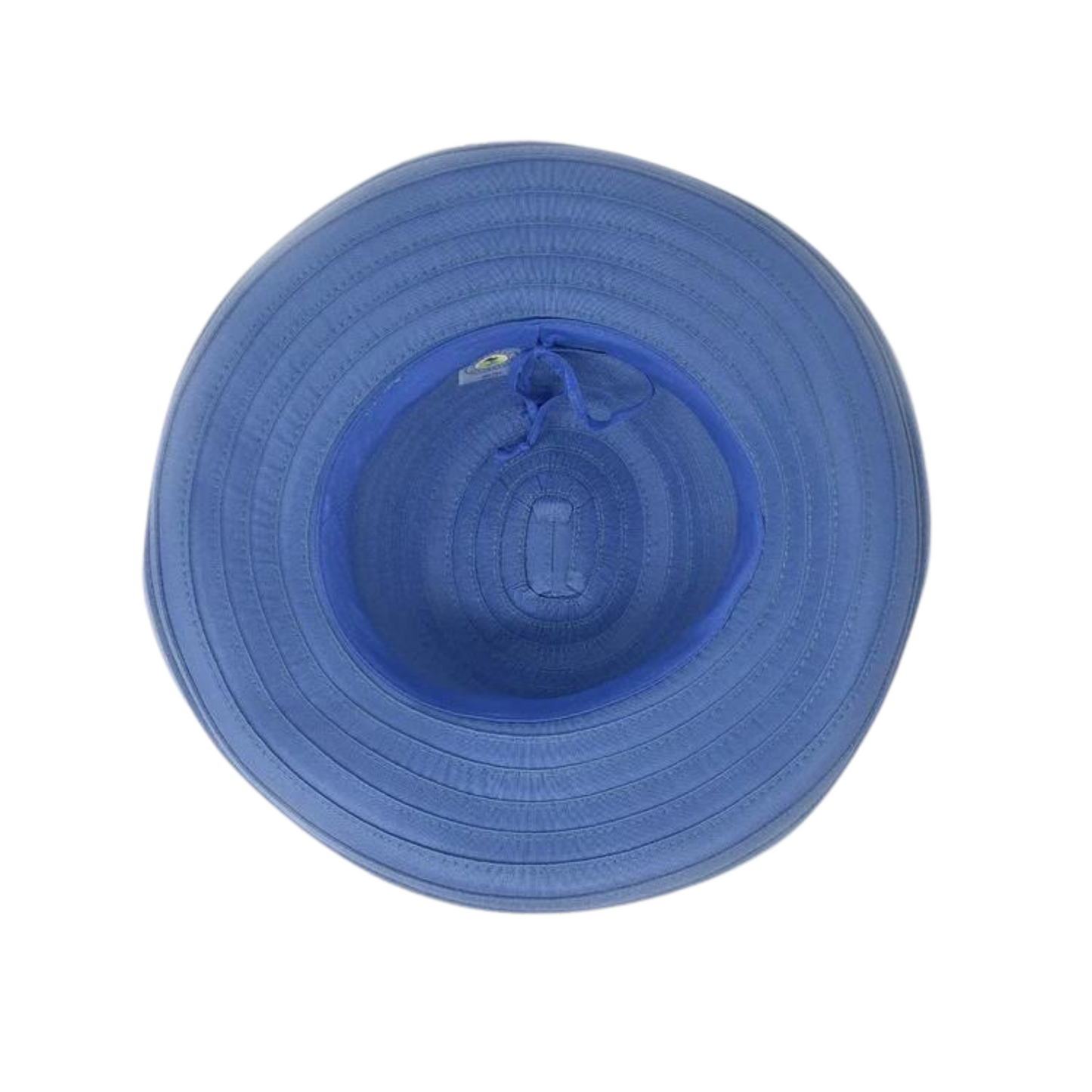 The bottom of the light lilac blue hat has an interior band with adjustable string encircling the base of the crown.