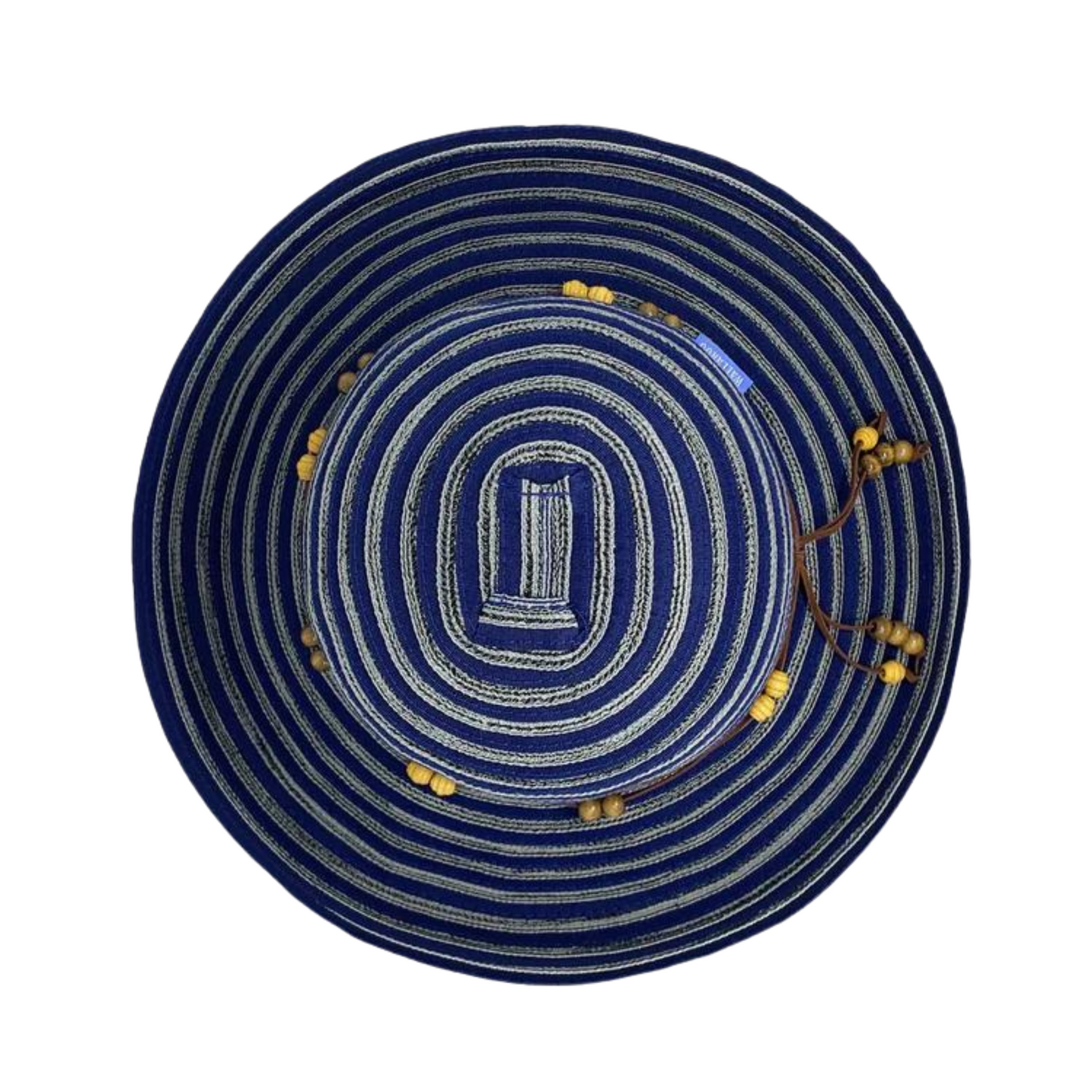 The top of the navy blue hat shows the silver trim spiralling down the entirety of the surface with the brown beaded string visible.