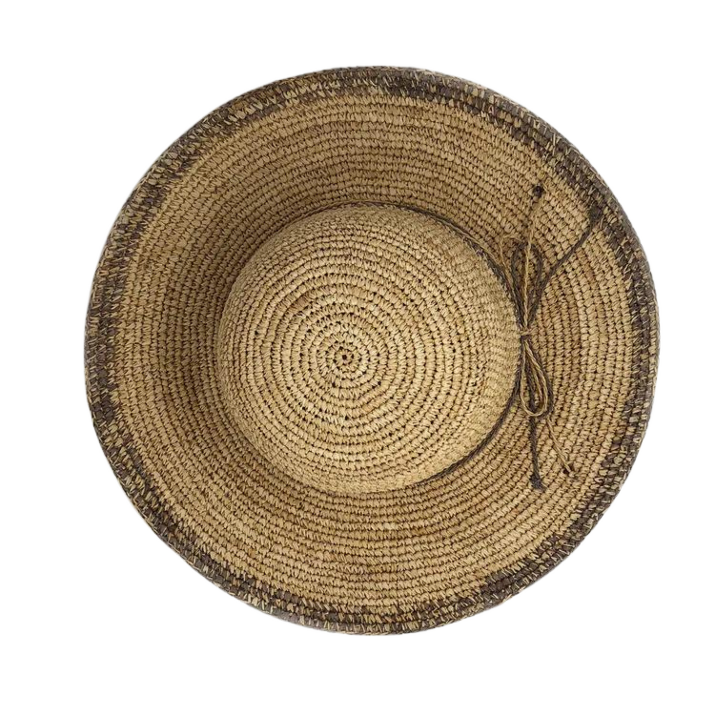 The top of the hat is pictured showing the tan weave, a mixed tan and warm grey string trim around the brim, and a ombré grey edge on the brim.