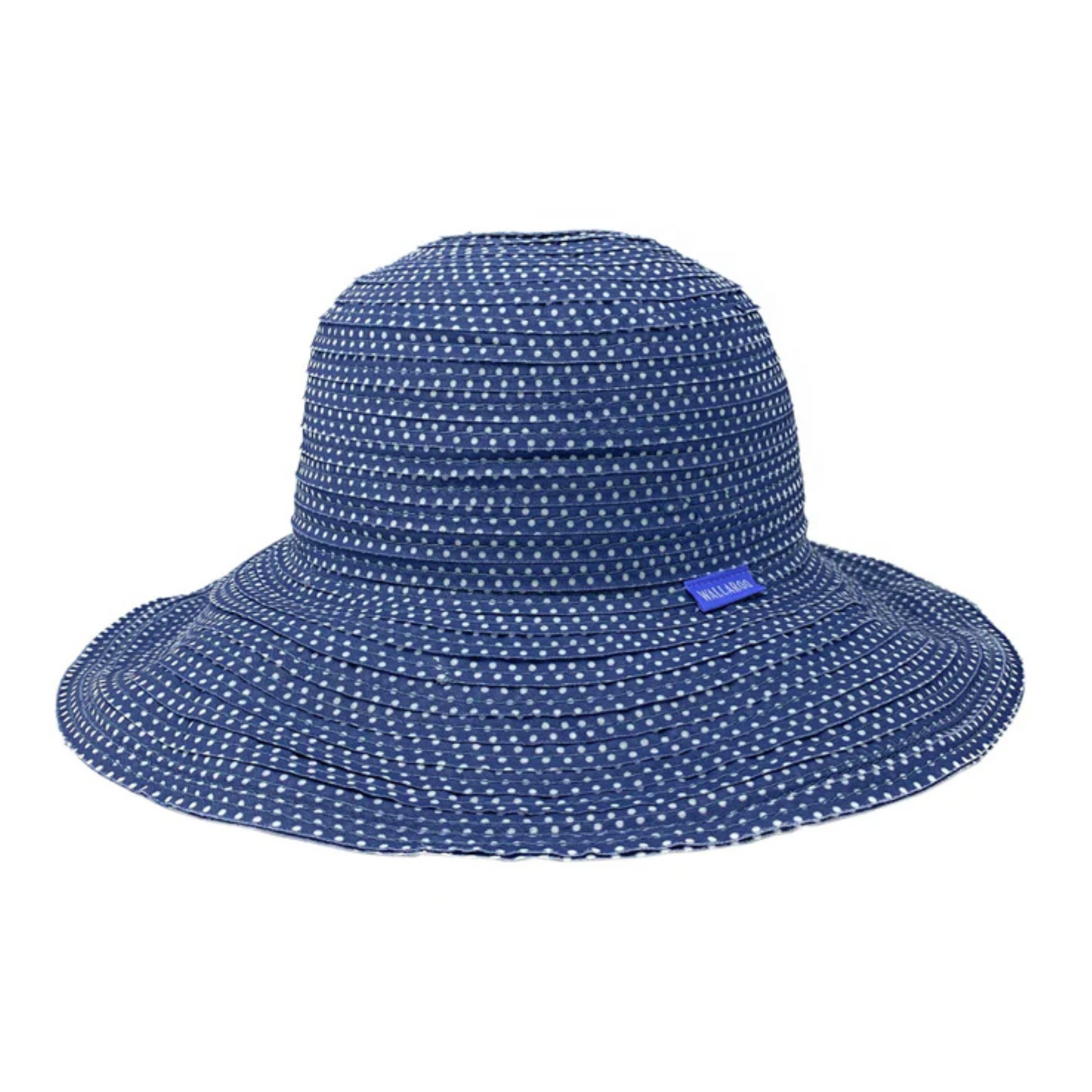 Medium blue hat with informal wrap texture and white polka dots.
