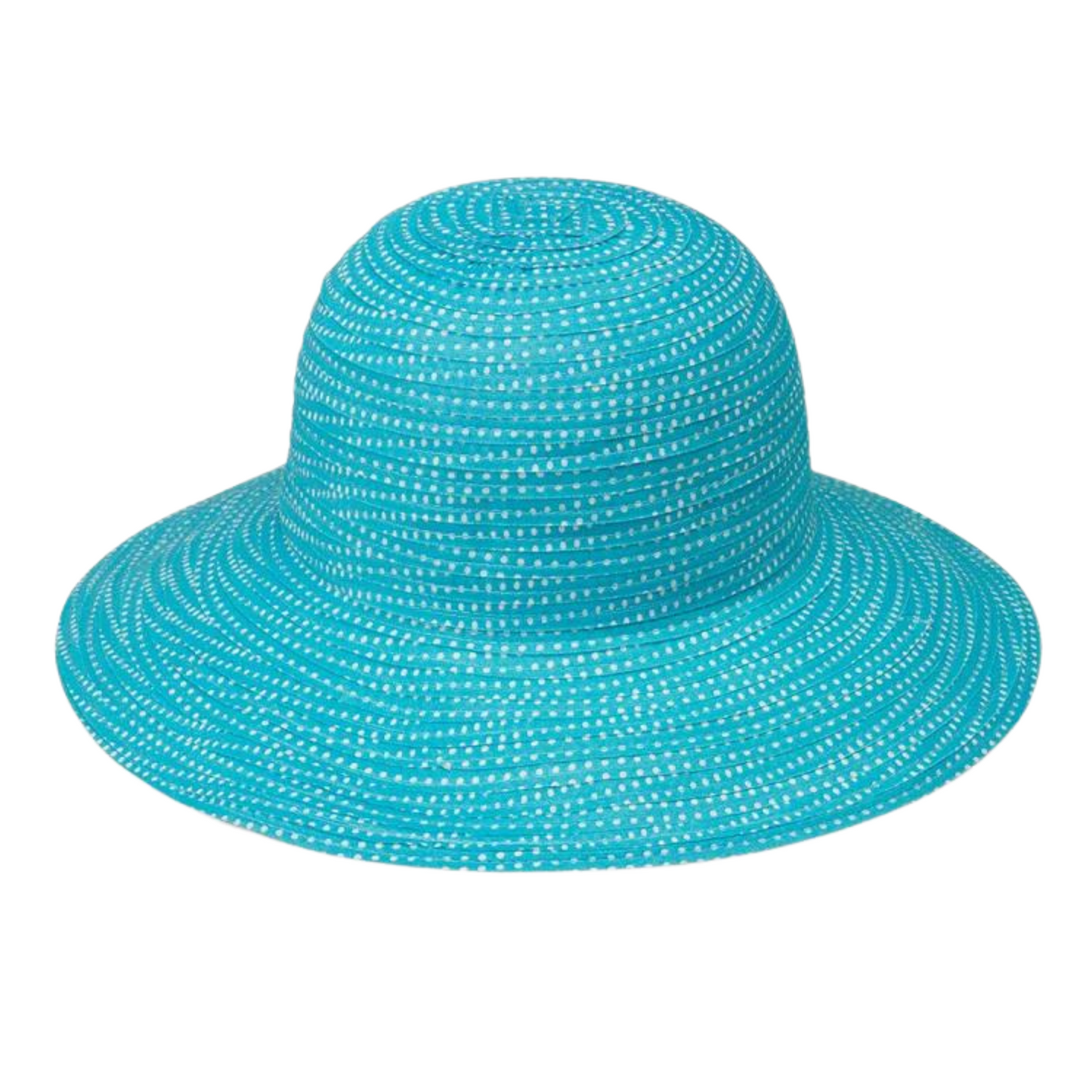 Vibrant blue hat with informal wrap texture and white polka dots.