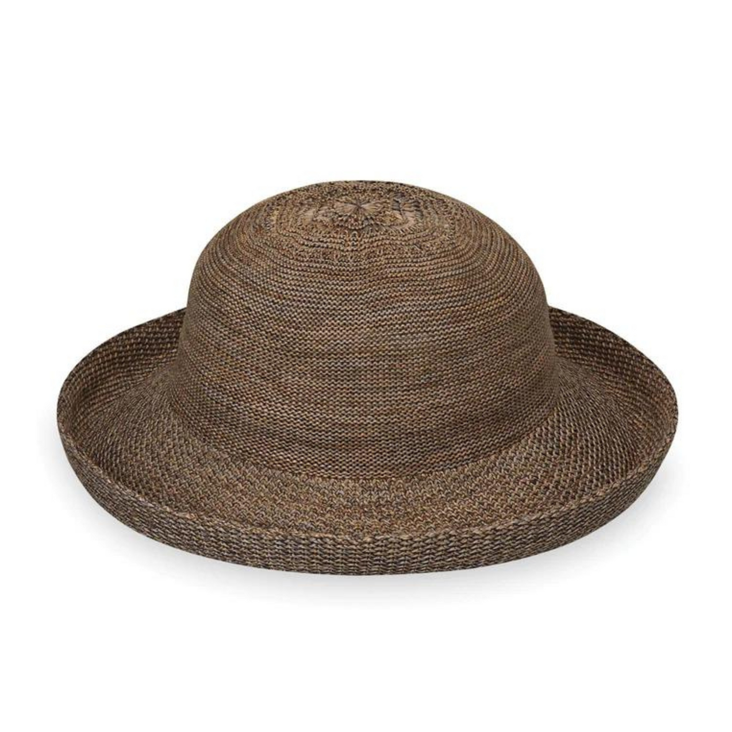 A front view of a dark brown weaved sunhat.