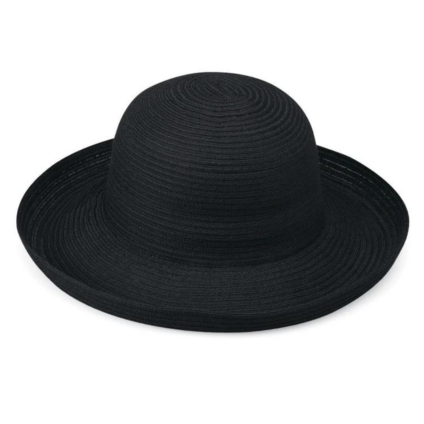 A black hat is pictured with a turned up brim and bowl-like headpiece.
