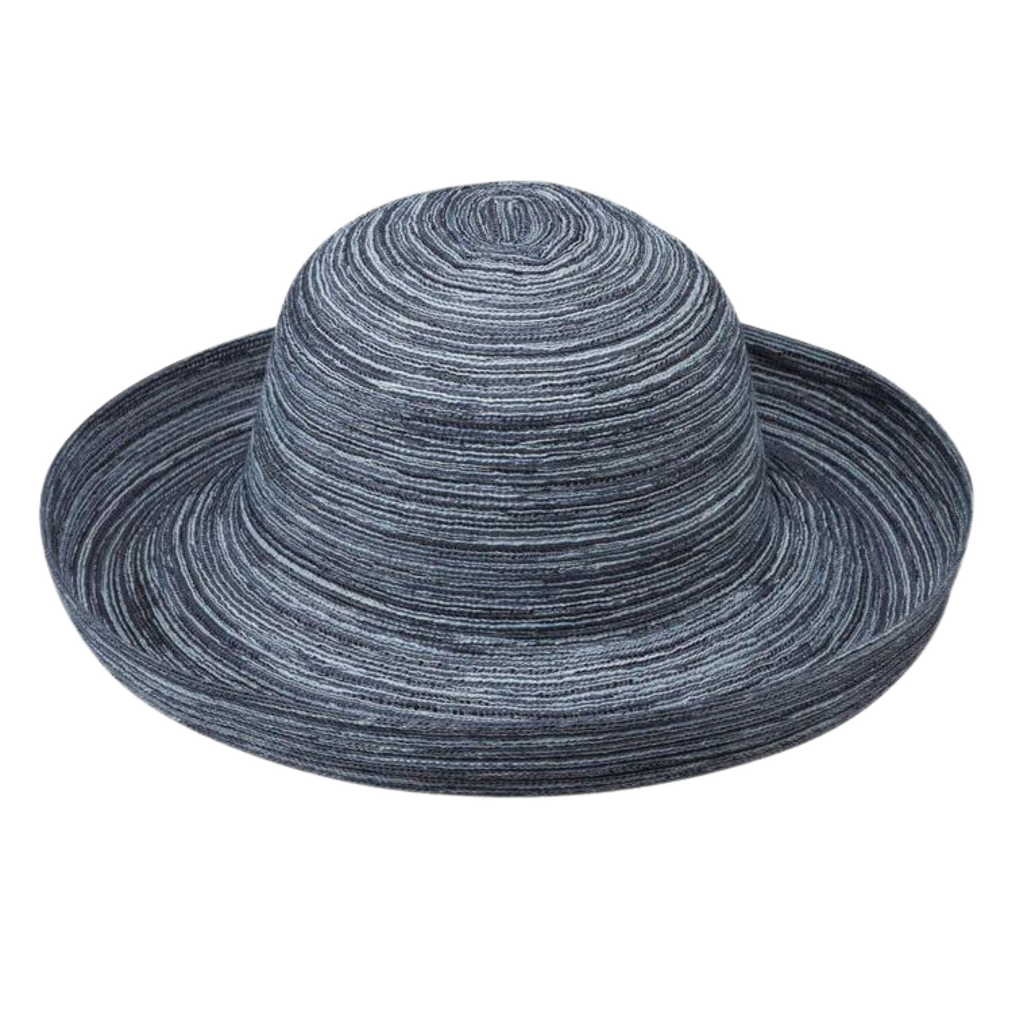 A grey hat with varying light and dark streaks is pictured with a turned up brim and bowl-like headpiece.