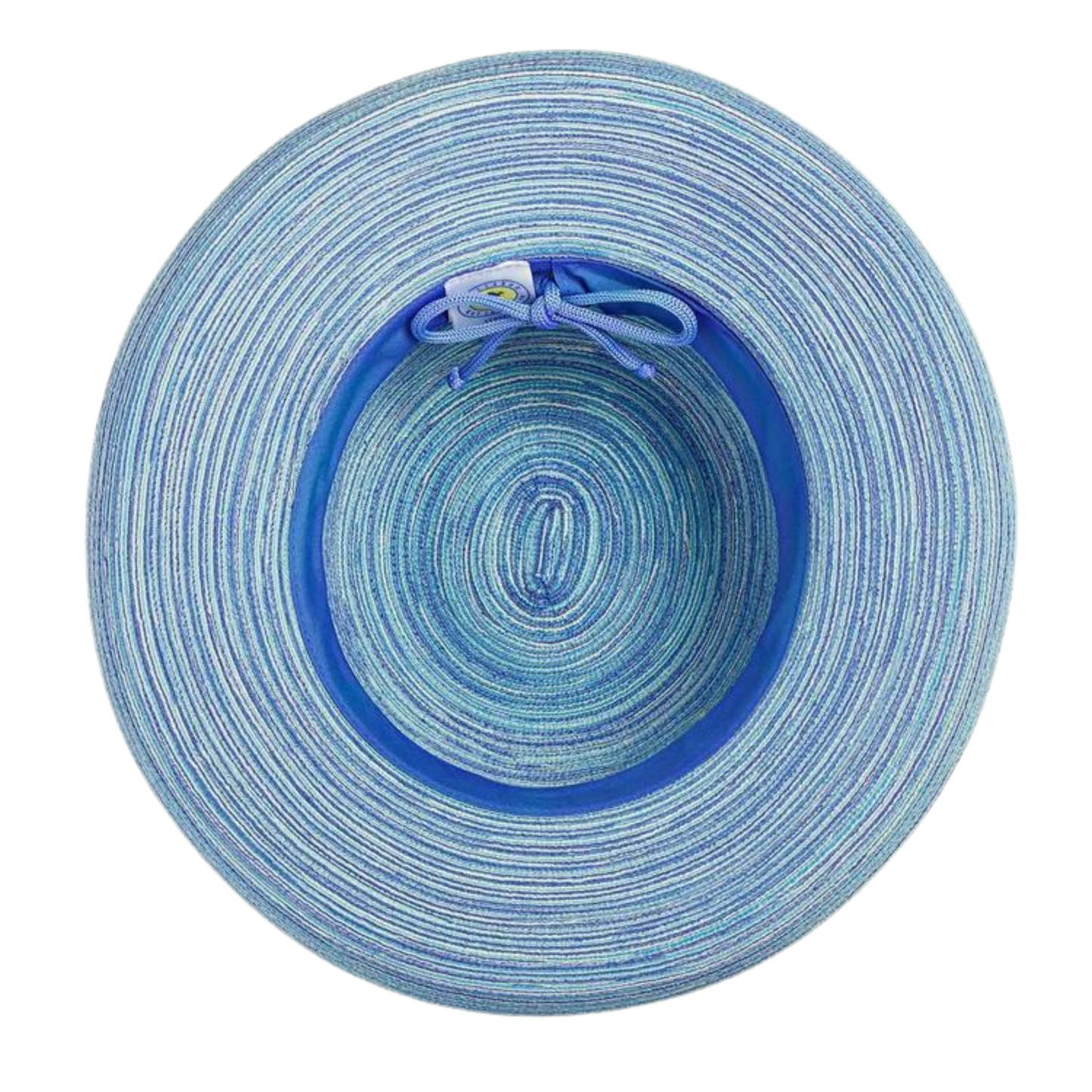The bottom of a light blue hat is pictured from below, showing the inner part of the brim with a solid blue band and drawstring where the brim meets the upper headpiece.