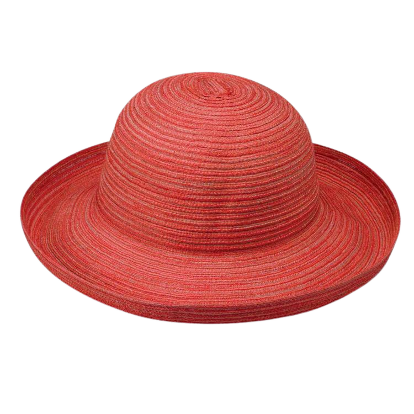 A red hat is pictured with a turned up brim and bowl-like headpiece.