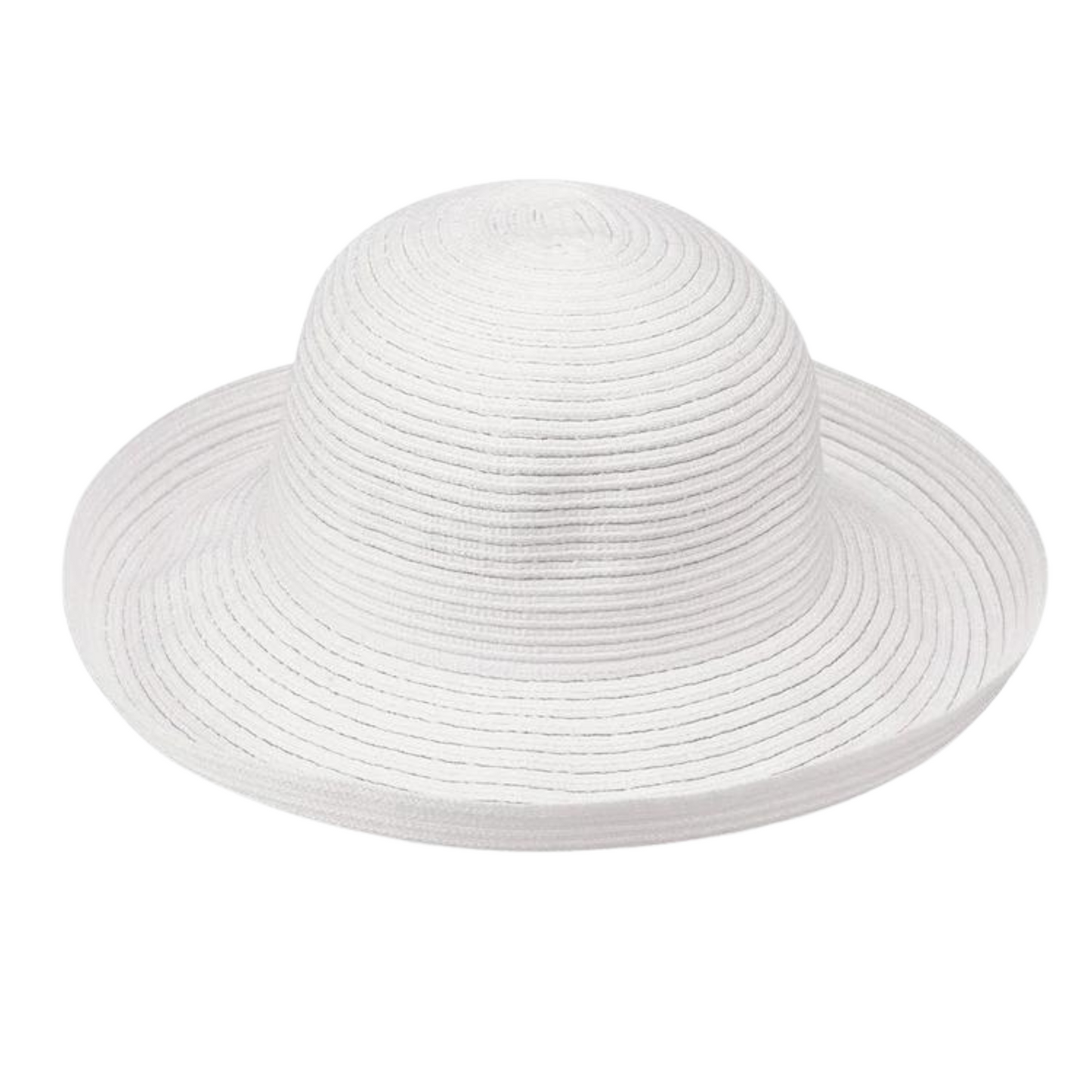 A white hat is pictured with a turned up brim and bowl-like headpiece.