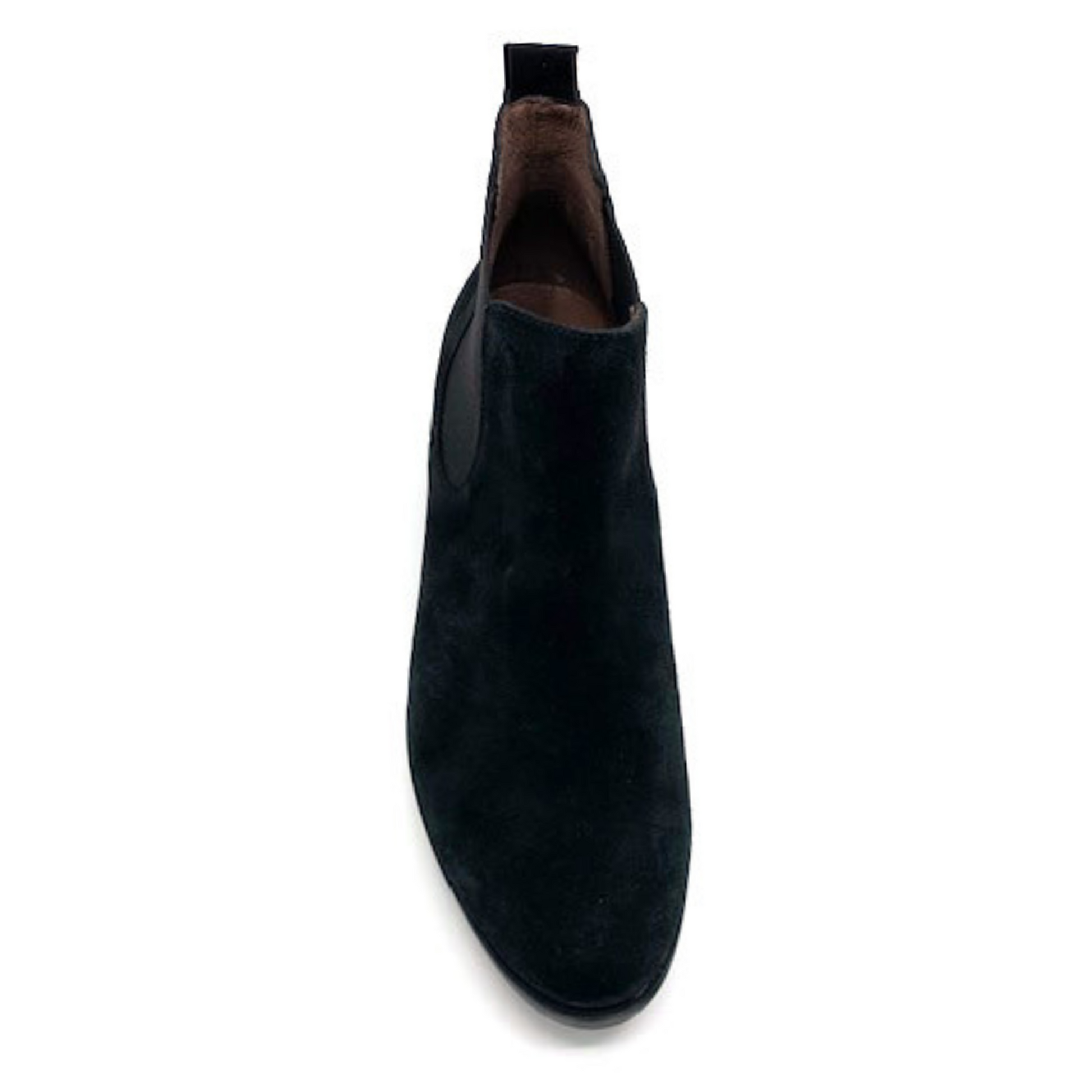 The top of the suede black boot is pictured, showing a slightly pointed toe and heel tab.