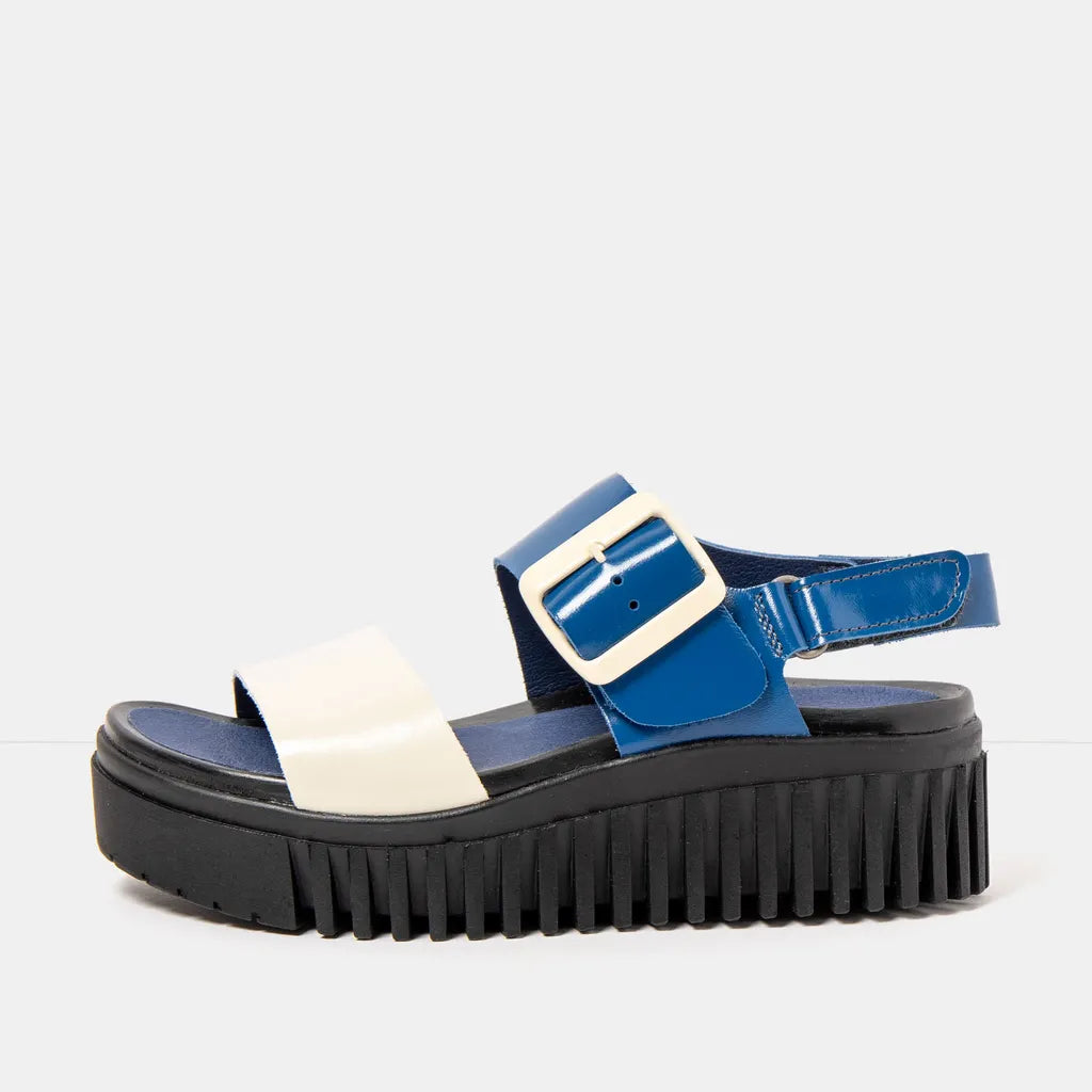 Blue sandal with a white buckle on a light gray background