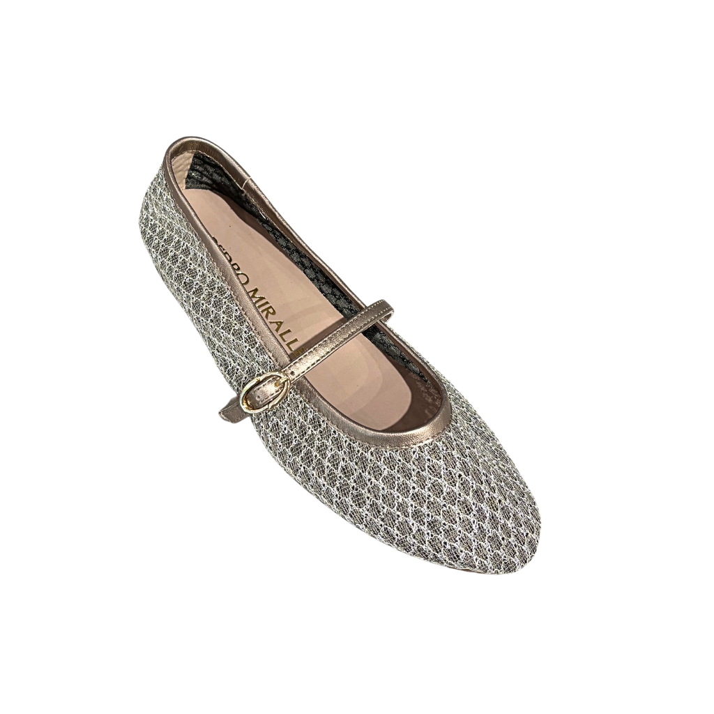Silver embellished shoe with a gold strap on a white background