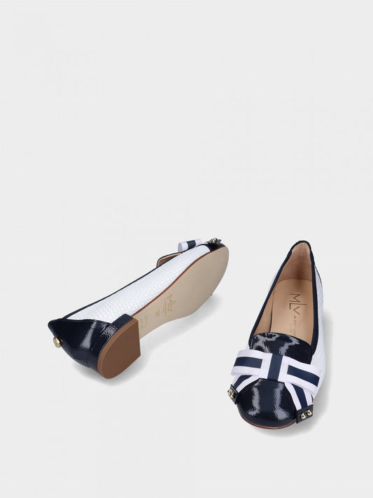 Navy shoes with Union Jack design on a light gray background