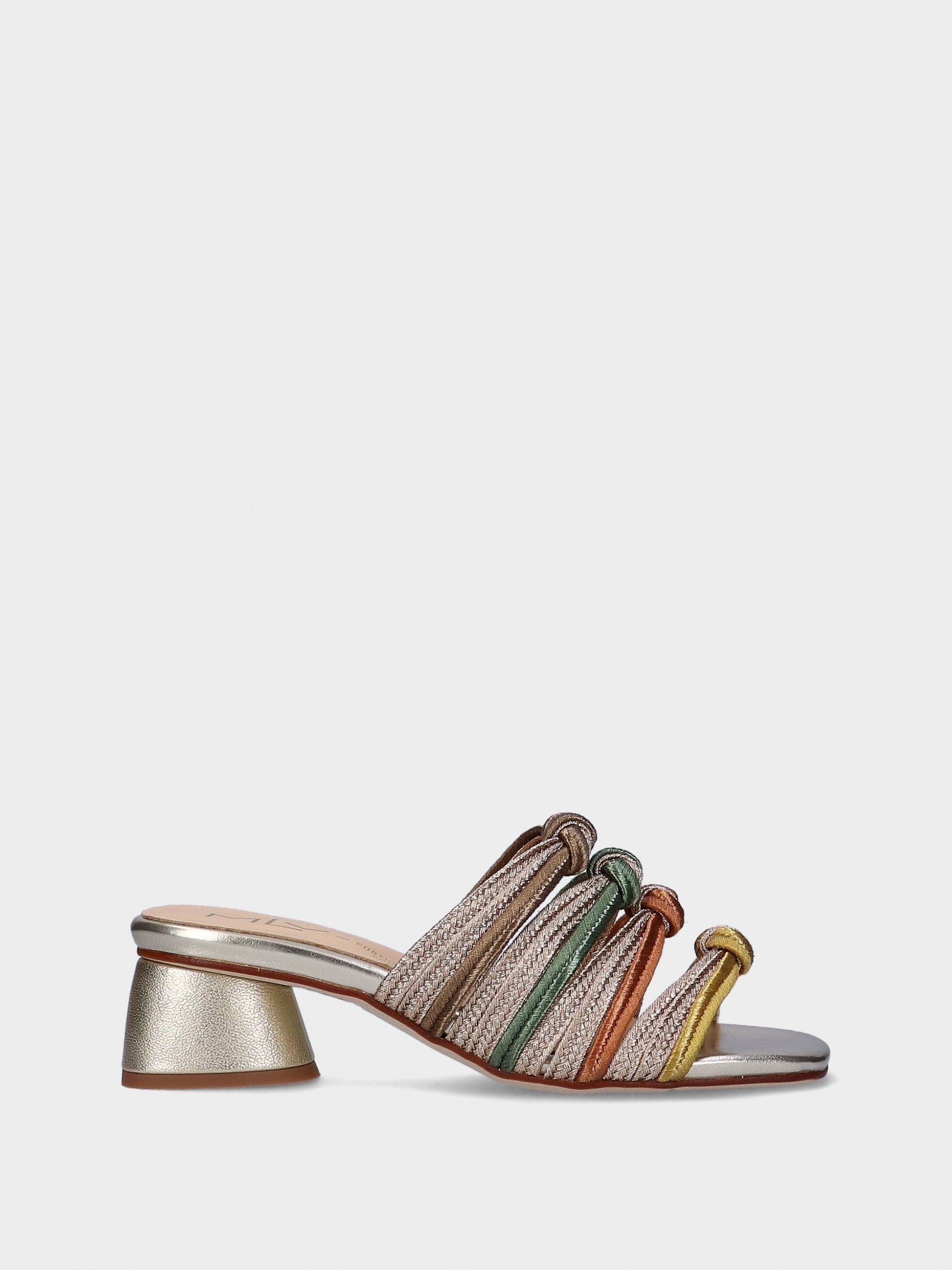 Multicolored metallic strappy sandal with metallic heel on a light gray background