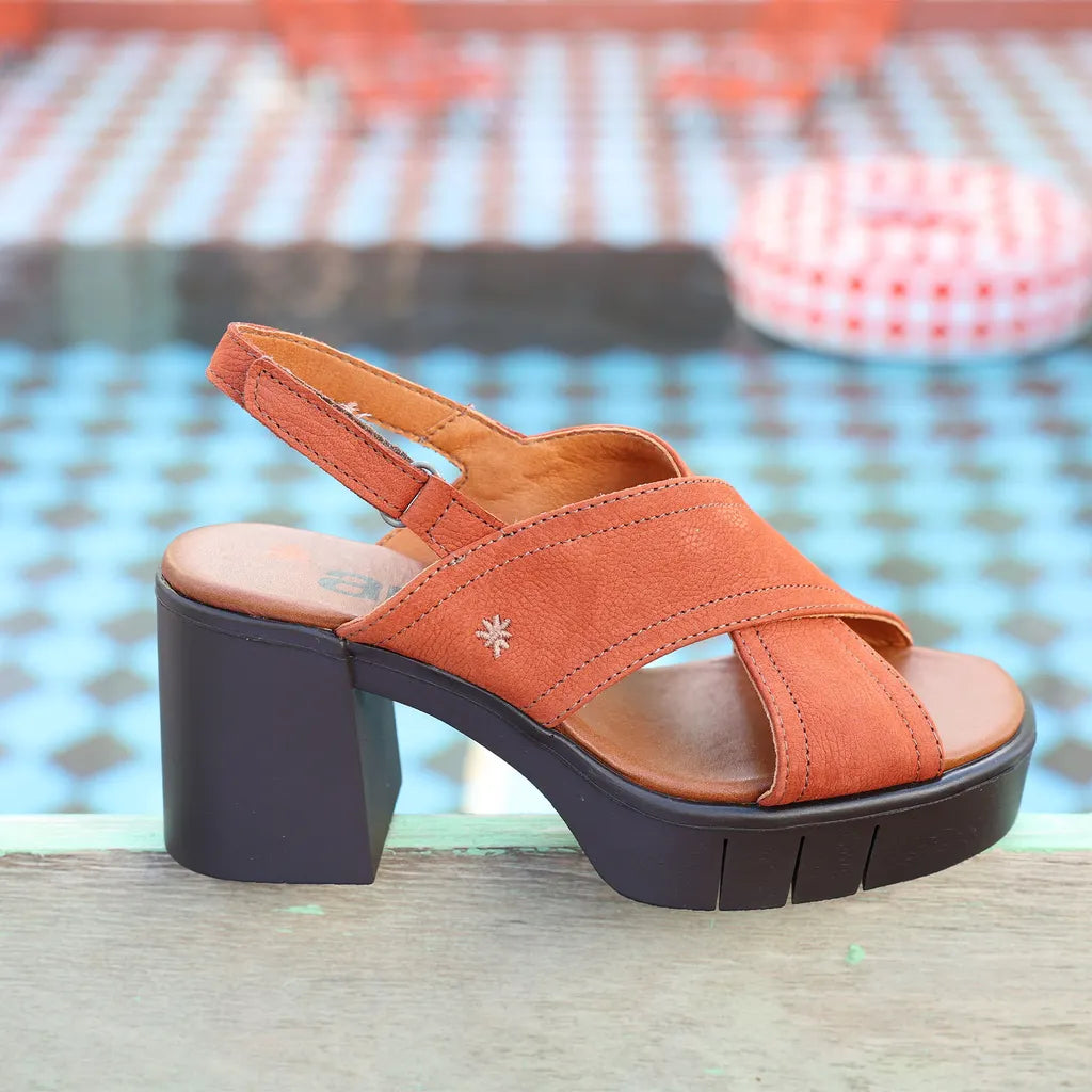 Dark Orange sandal with a block heel on a blurred background