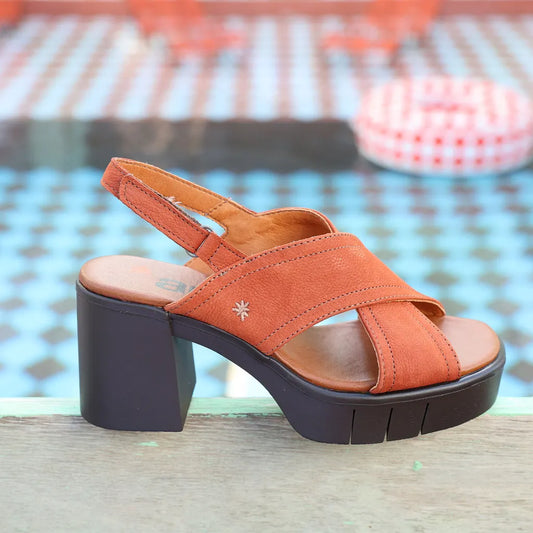 Dark Orange sandal with a block heel on a blurred background
