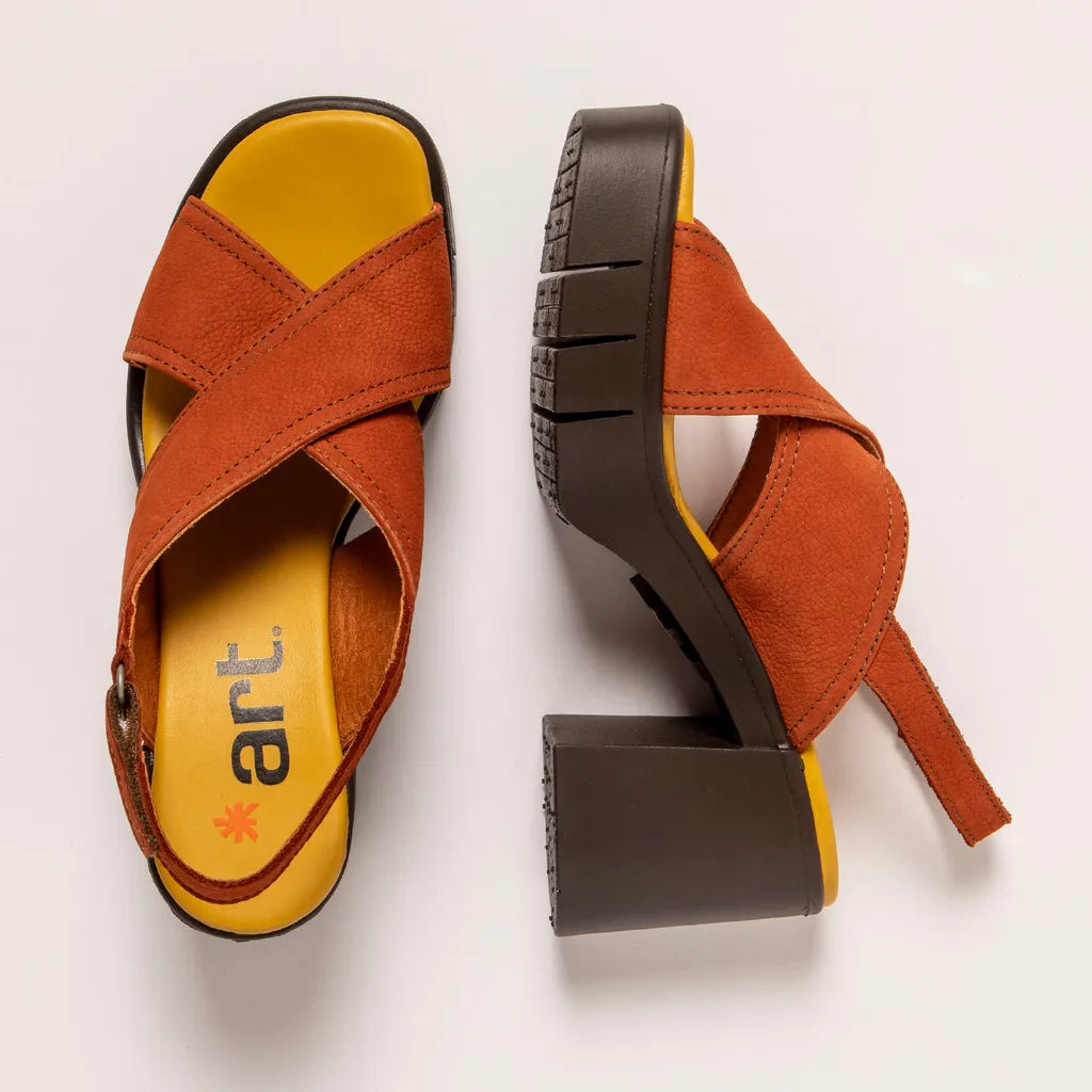 Dark Orange sandal with a block heel on a white background.  Left is shown from top and right is lying on its side.