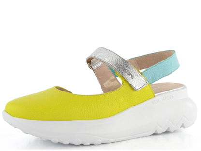Yellow shoe with a white sole on a white background
