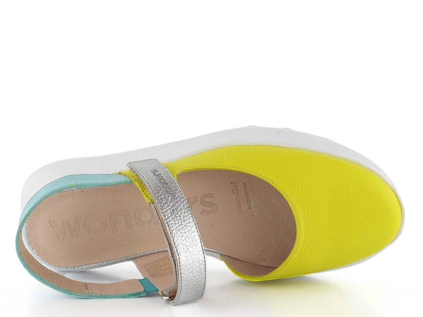 Yellow sandal with a white sole on a white background