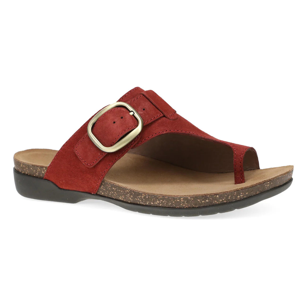 Red sandal with a gold buckle on a white background