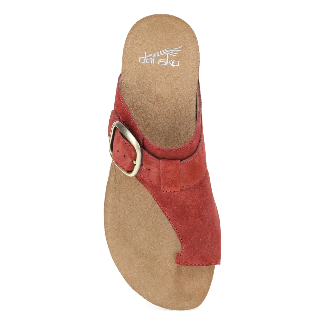 Red sandal with a gold buckle on a white background