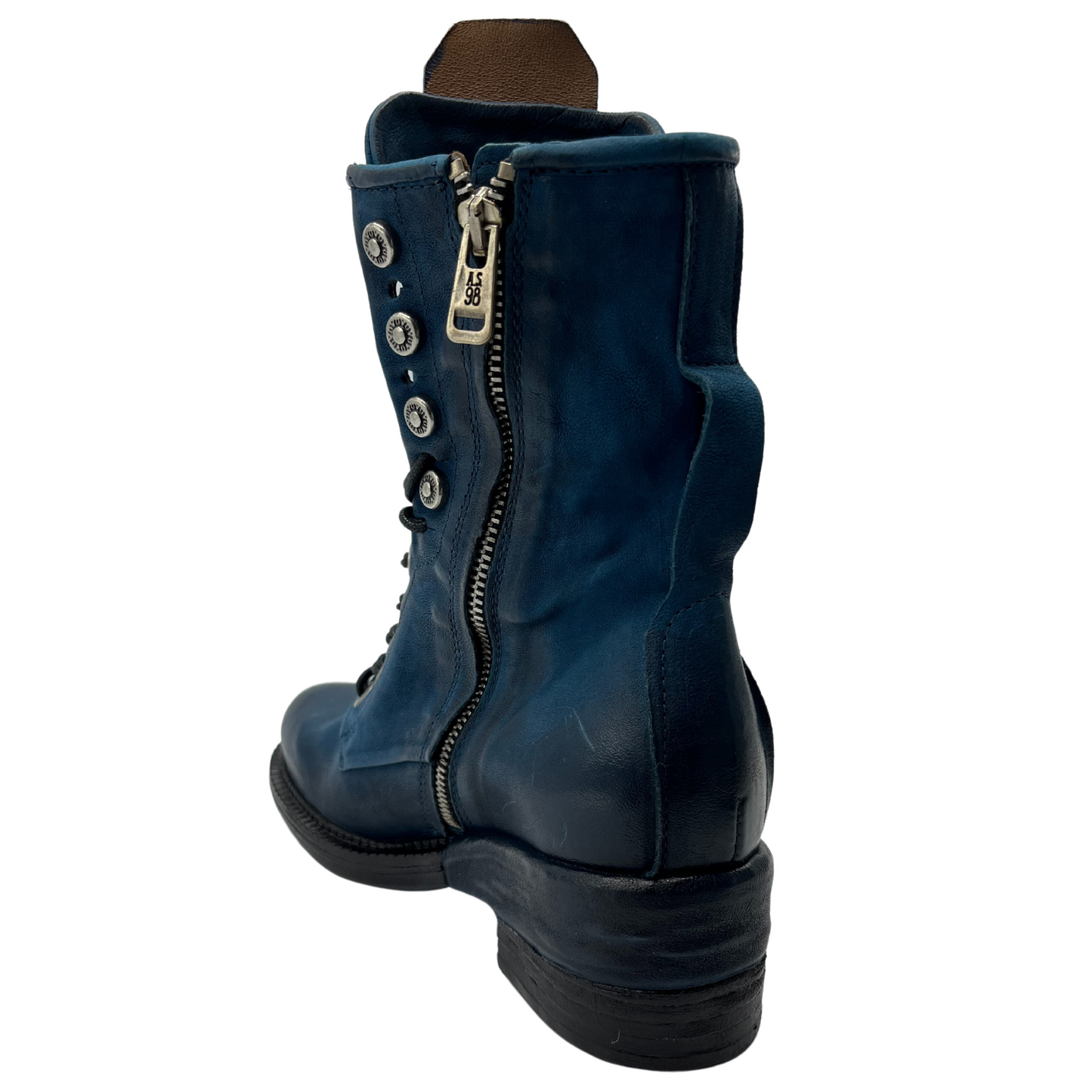 Back view of blue leather mid-calf boot with silver side zipper closure