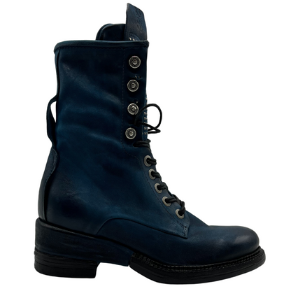 Right facing view of blue leather mid-calf boot with black laces and short black heel