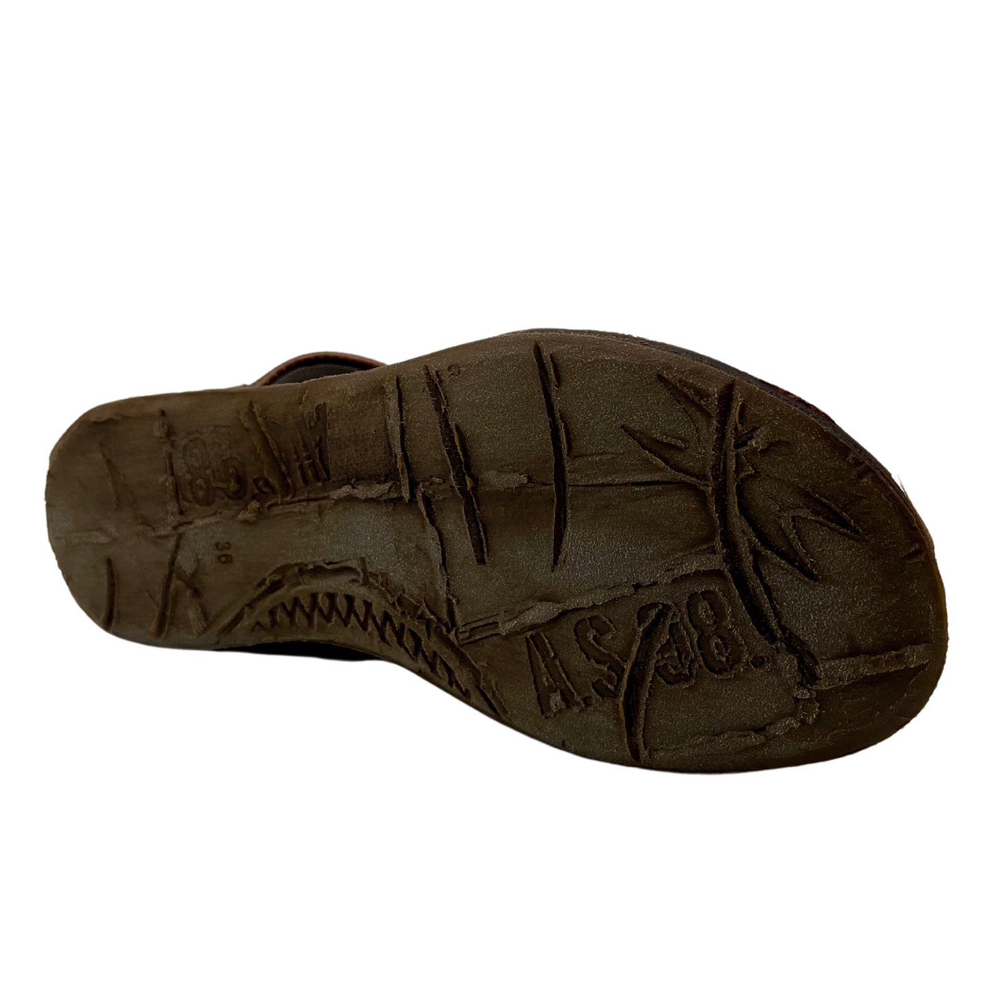 Bottom view of brown leather sandal with flat bottom sole