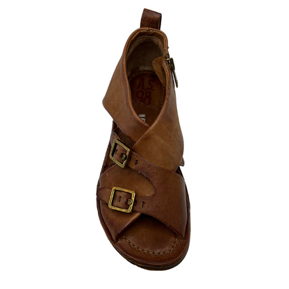 Top view of brown leather sandal with side zipper and two buckle straps