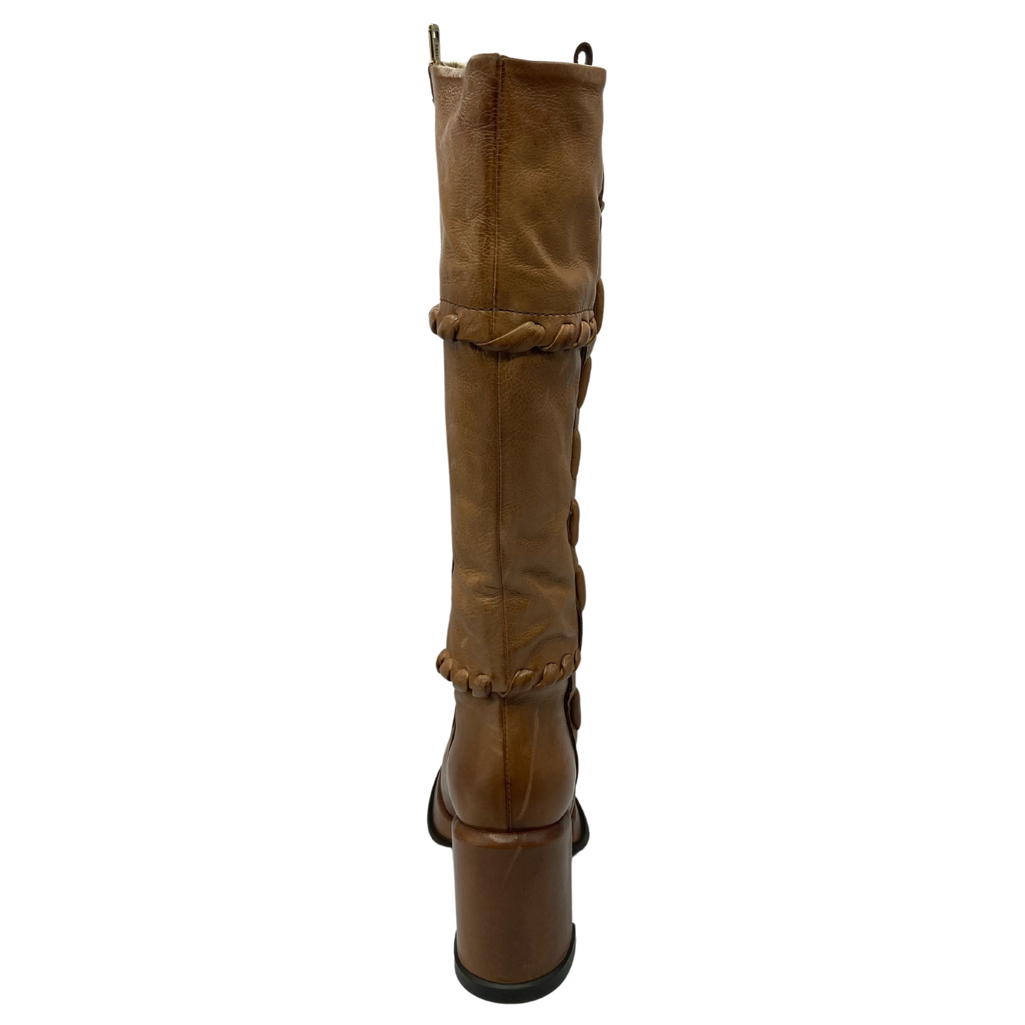 Back view of brown leather boot with block heel and side zipper closure