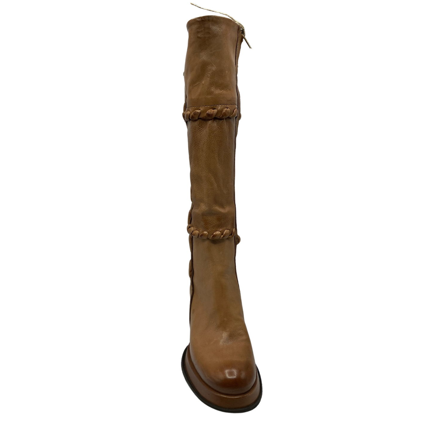 Front view of brown leather knee high boot with rounded toe and side zipper closure
