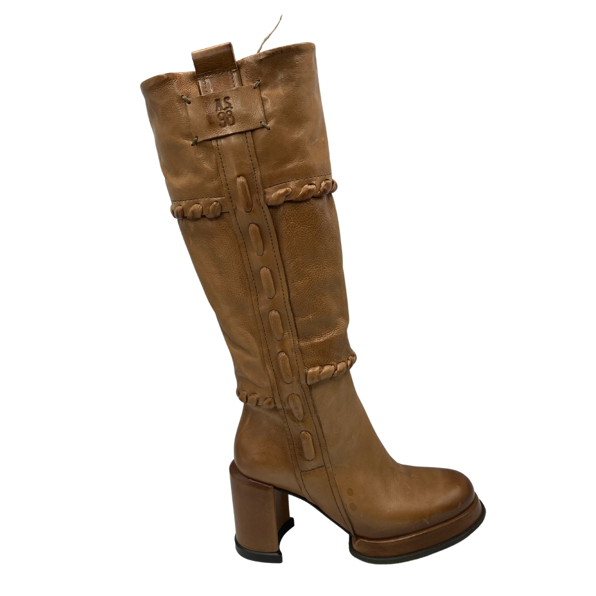 Right facing view of brown leather knee high boots with rounded toe and block heel