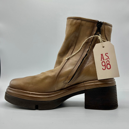 Brown leather boot with a tag displaying 'A.S. 98' on a white background