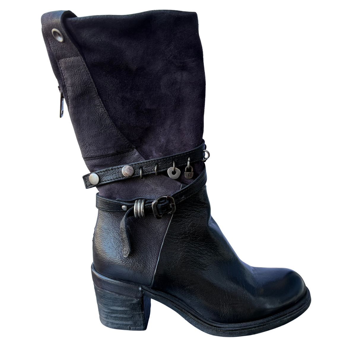 Right facing view of a black tall boot with a metal embellishments and a rubber outsole