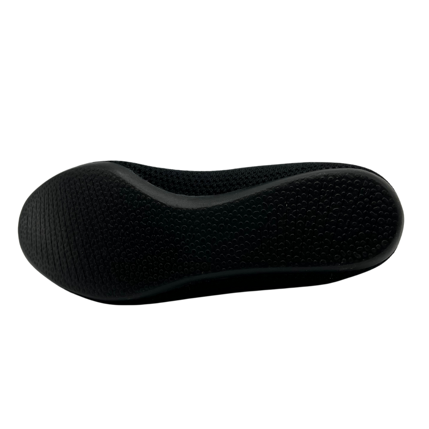 Bottom view of stretchy black ballet flat with ribbed collar and rounded  toe