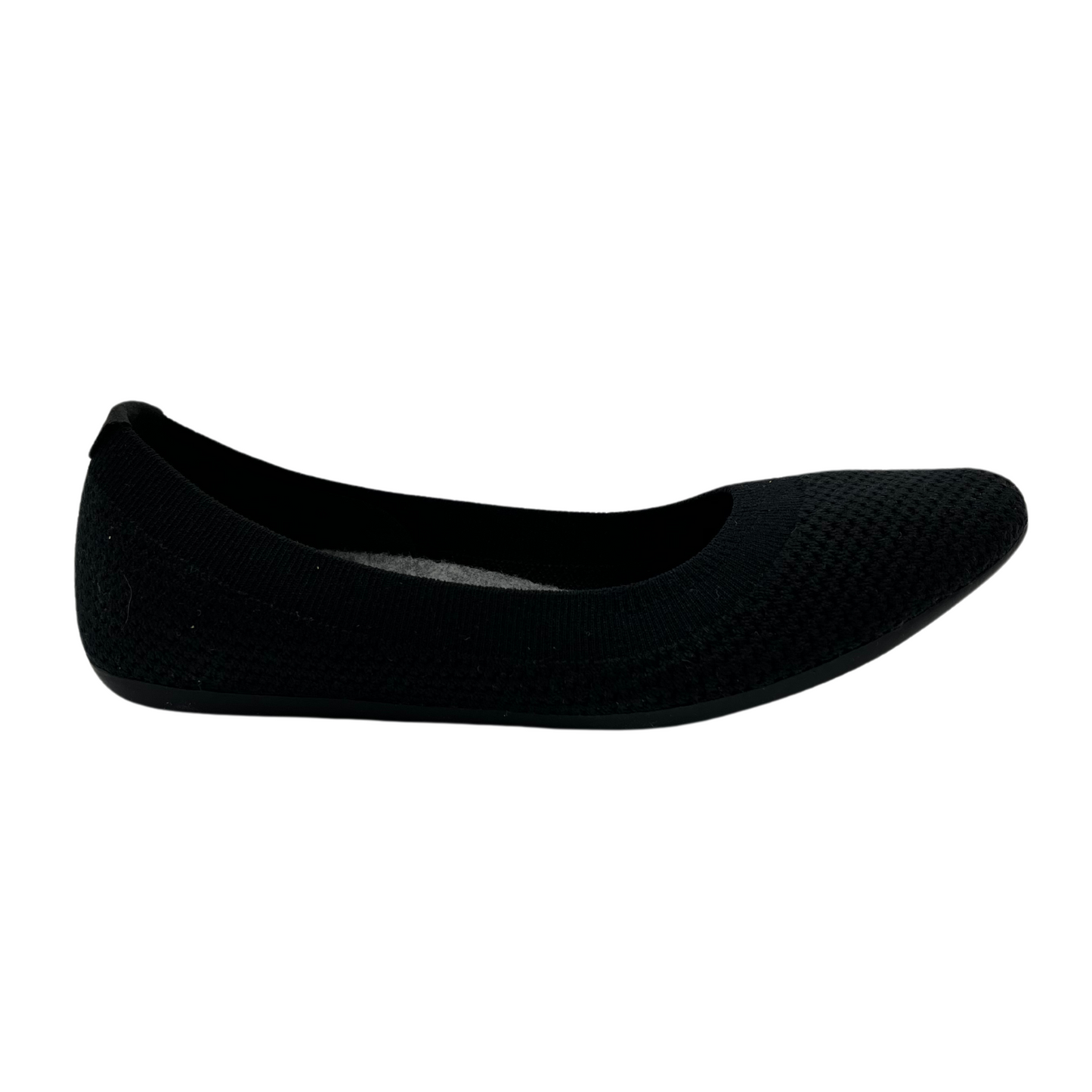 Right view of stretchy black ballet flat with ribbed collar and rounded toe
