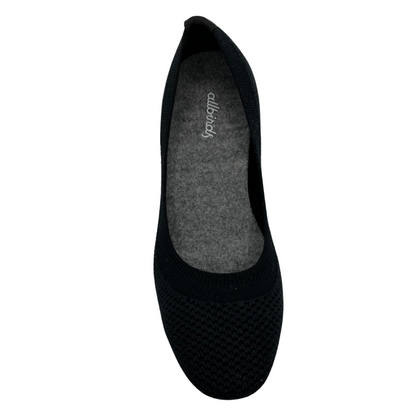 Top view of stretchy black ballet flat with ribbed collar and rounded toe