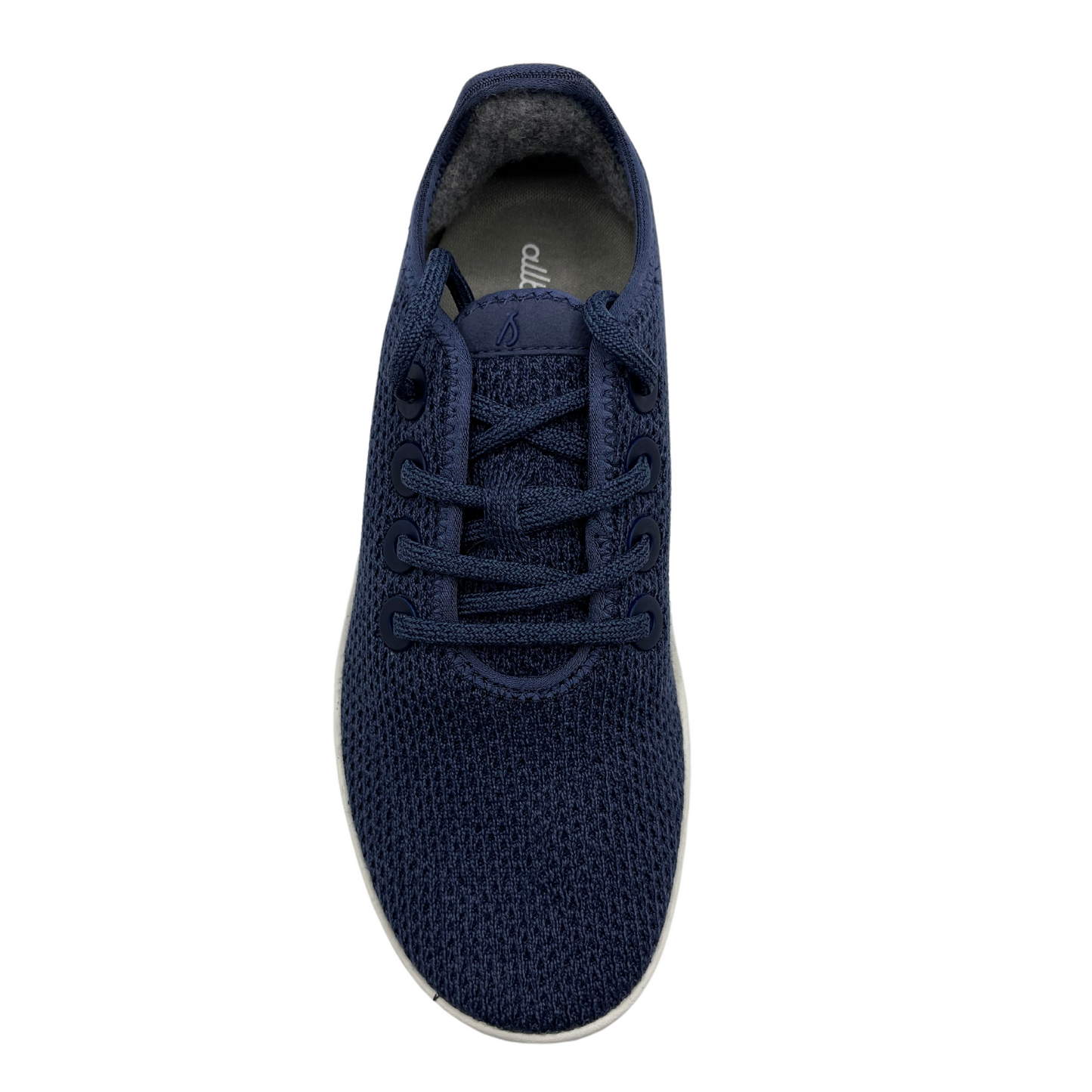 Top view of eucalyptus fiber running sneaker in a hazy indigo colour and white outsole.