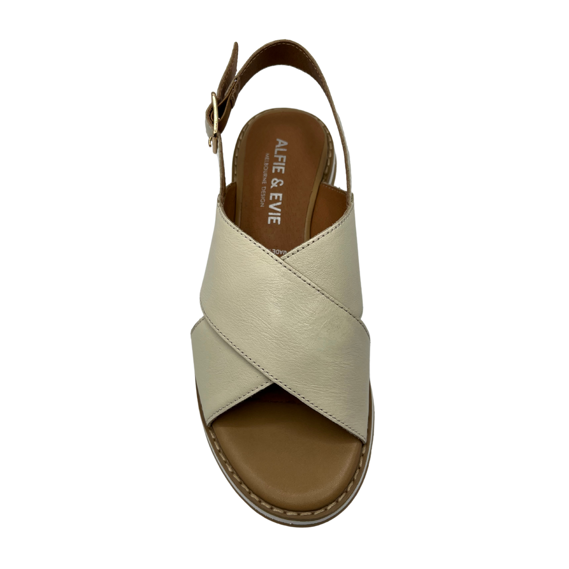 Top view of cream leather sandals with a cross strap design, chunky sole and adjustable sling back strap.