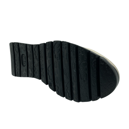 Bottom view of platform loafer with black sole