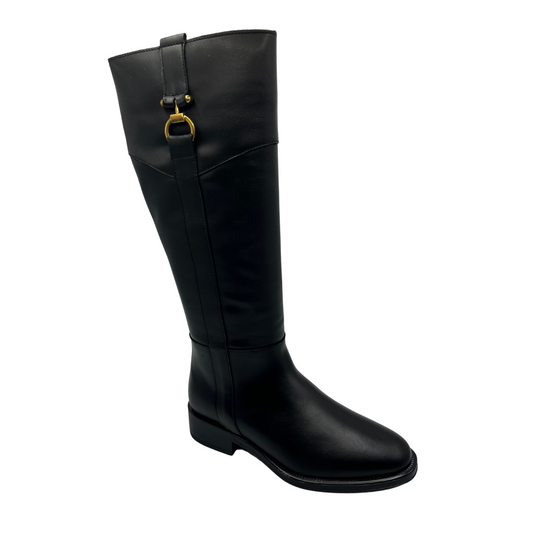 45 degree angled view of black leather riding boot with short block heel, rounded toe and gold bit detail