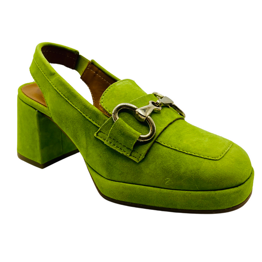 45 degree angled view of green suede sling back loafer with chunky heel and gold bit detail on upper