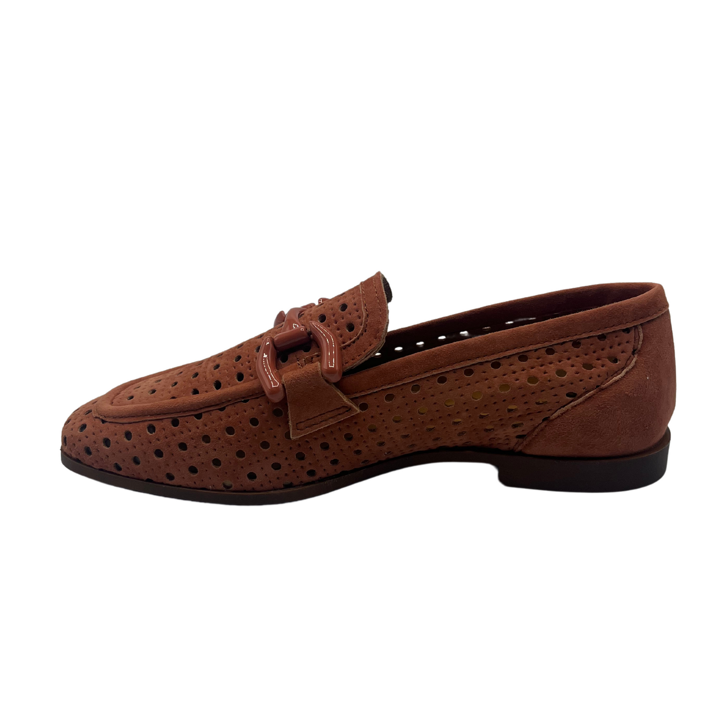 Left facing view of red brown perforated suede loafer with matching bit detail and low heel