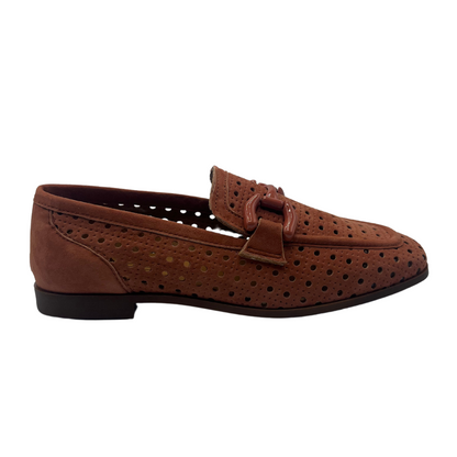 Right facing view of red brown perforated suede loafer with matching bit detail and low heel