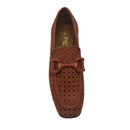 Top view view of red brown perforated suede loafer with matching bit detail and low heel