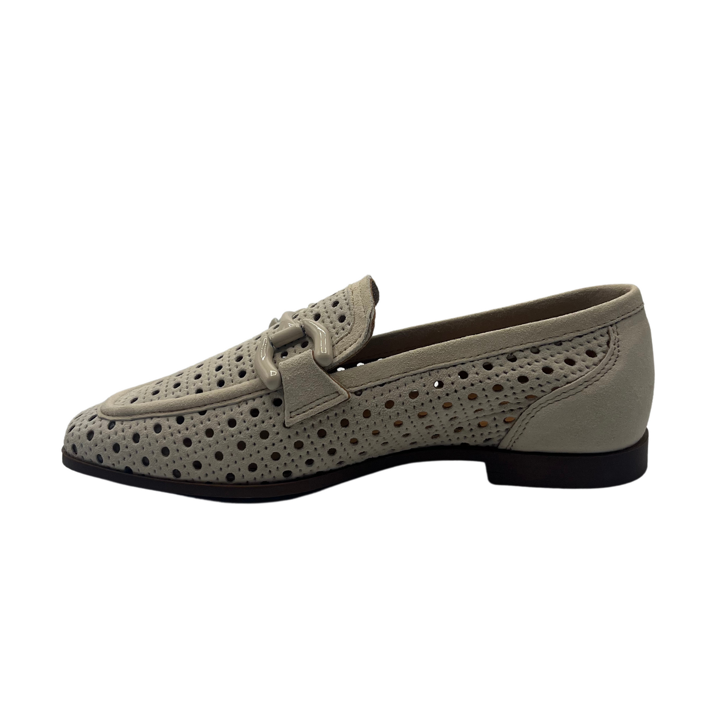 Left facing view of cream perforated suede loafer with matching bit detail and low heel