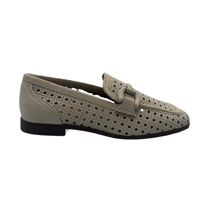 Right facing view of cream perforated suede loafer with matching bit detail and low heel