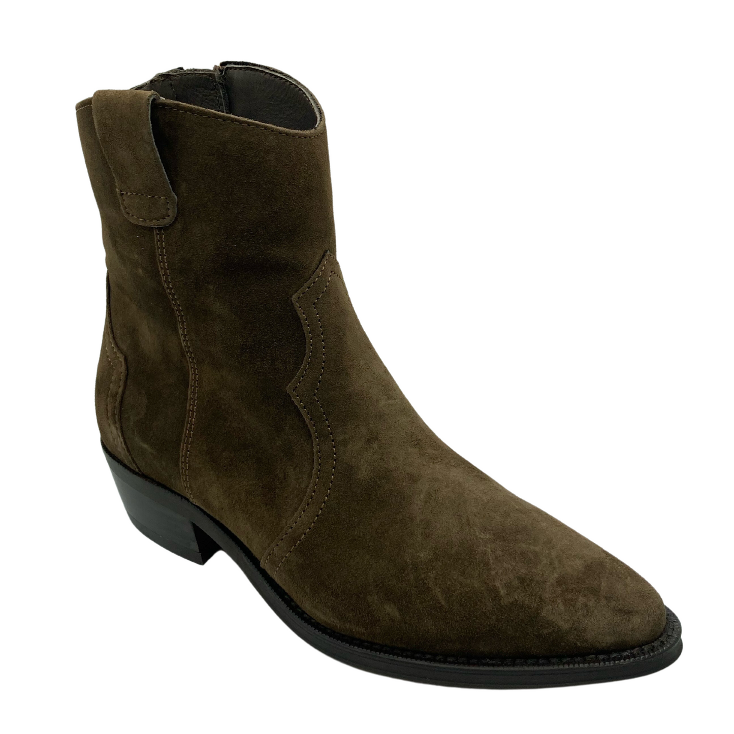 45 degree angled view of brown suede western boot with almond toe and stacked heel