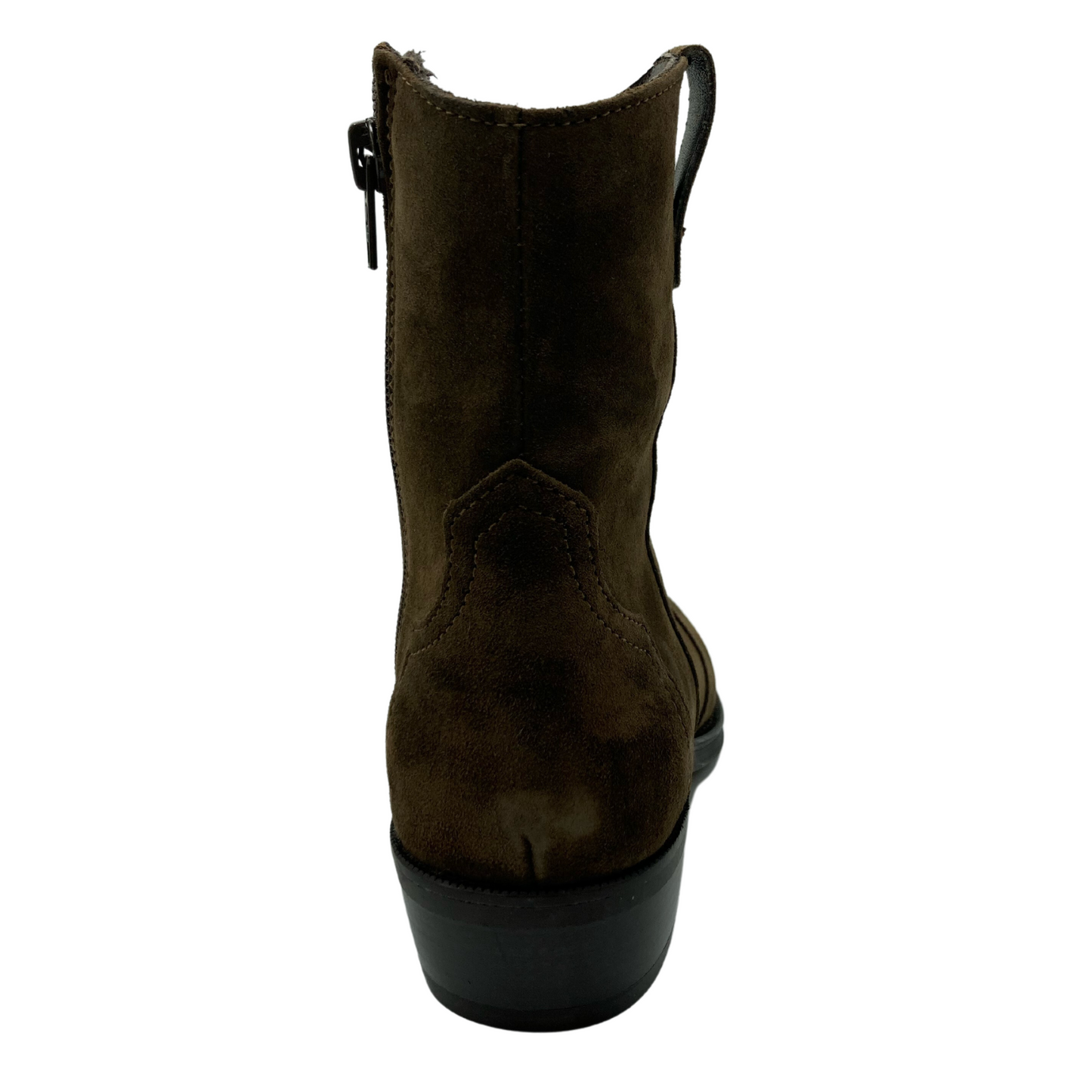 Heel view of short suede cowboy boot with stacked heel and side zipper closure