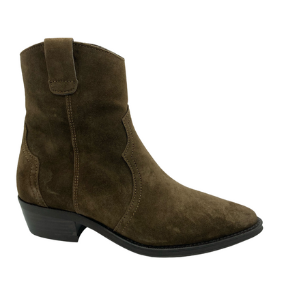 Right facing view of short brown suede boot with almond toe and stacked heel