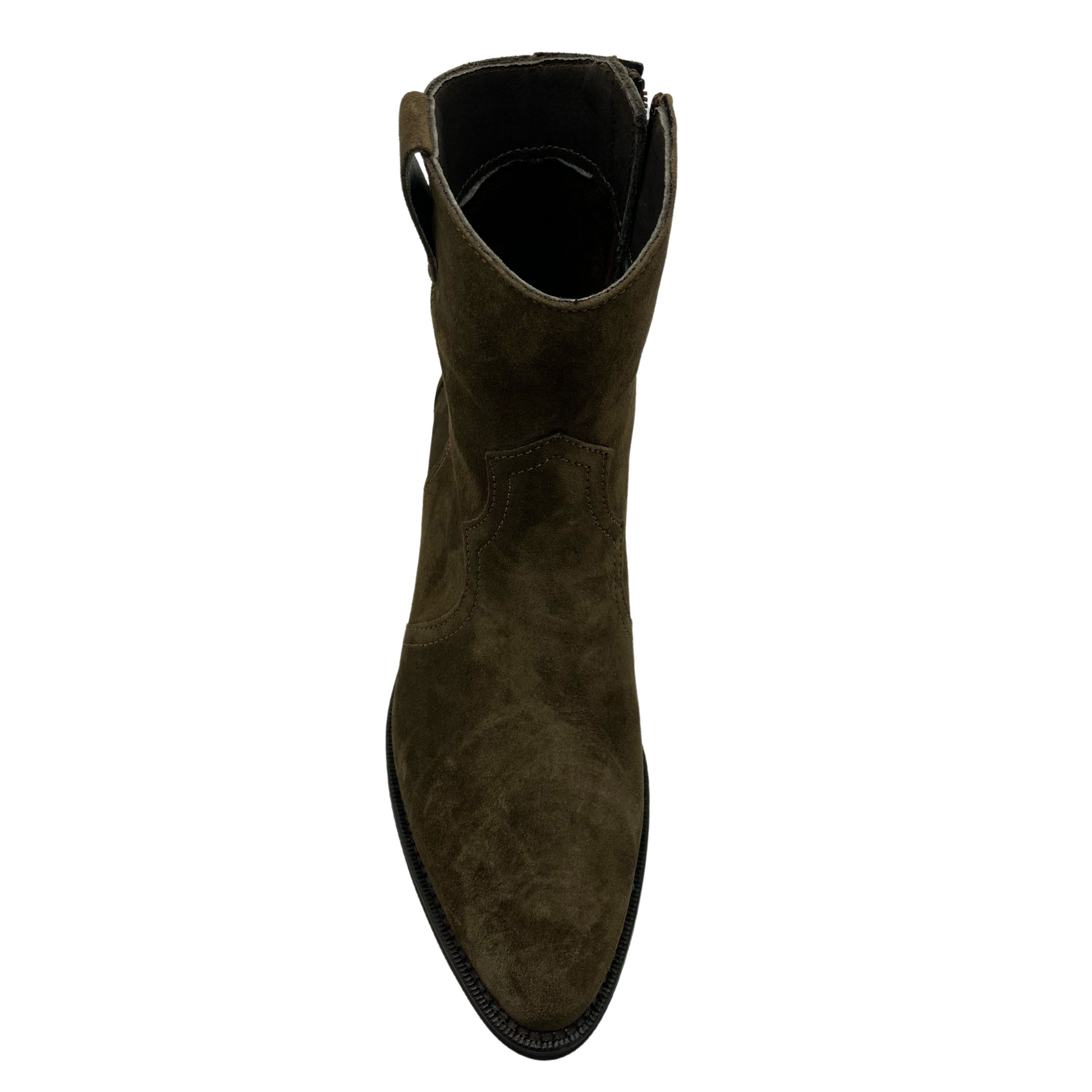 Front view of almond toe short cowboy boot with zipper side closure 