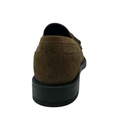 Back view of brown suede loafer with black outsole